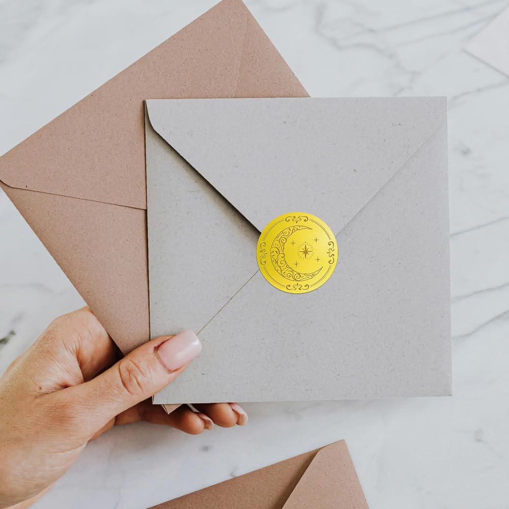Peacoblue Gold Embossed Sticker Seal 1.4 Inch 150Pcs Moon and Star, Self Adhesive Golden Around Embossing Decals for Party Favors Invitation Envelope Seal Gift Card Certificate Decoration