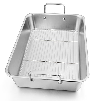 14 Inch Roasting Pan with Rack, Leonyo Large Turkey Roasting Pan, Stainless Steel Roaster Pan with Wire Rack Non Stick Baking Pans for Cooking Ham, Chicken, Cake, Lasagna, Casserole