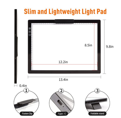 YINGWOND Rechargeable A4 LED Light Pad with Padded Case, Tracing Light Box w/Riser Stands and Paper Clip, 6 Levels of Brightness, Type-c Cable, Wireless Diamond Painting Light Board
