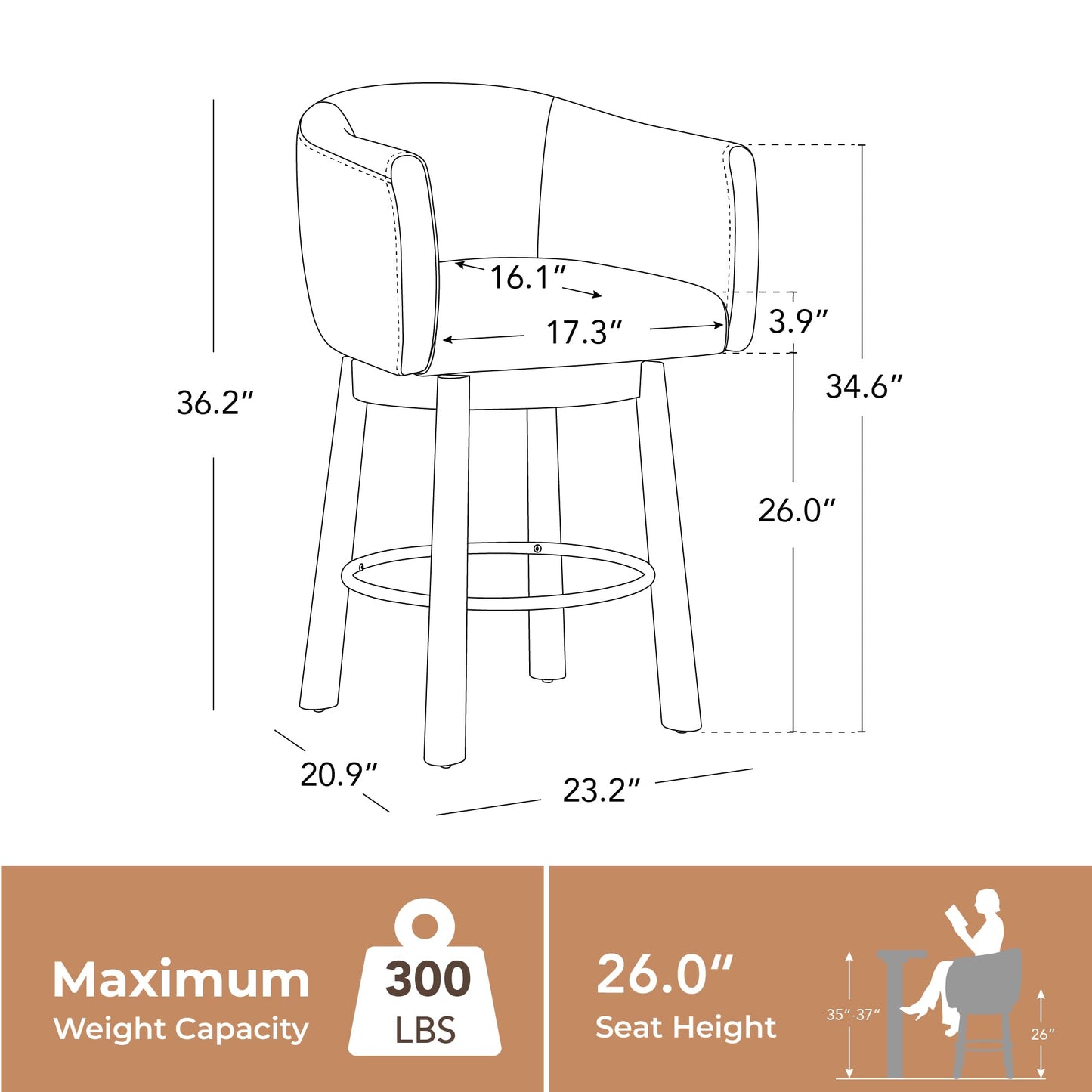 CHITA Genuine Leather Swivel Bar Stool, Modern Counter Height Bar Stools with Arms, Solid Wood Turned Legs, Upholstered Barstools for Kitchen Island, 26" Seat Height