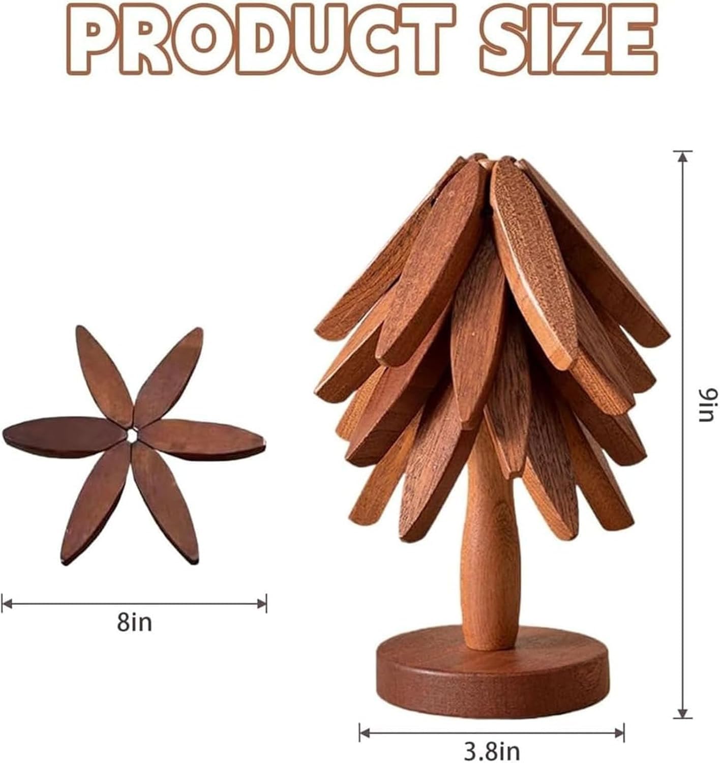 Wooden Tree Trivets for Hot Dishes - Set of 4 with Stand, Natural Foldable Kitchen 1 Stand Like a Christmas Tree Wooden Hot Pads Heat Resistant Trivets for Pots, Pans, Bowls & Teapots (Walnut-4)