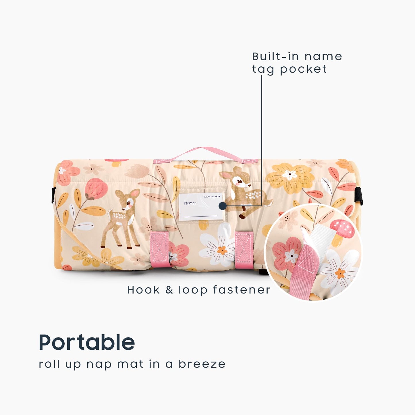 Wake In Cloud - Cot Nap Mat with Pillow and Blanket, for Toddler Kids Girls Ages 3 Plus in Daycare Kindergarten Preschool with Elastic Corner Straps, Floral Botanical Flowers, Peach Beige
