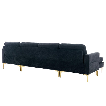 P PURLOVE Velvet Modern Large Sectional Sofa, U Shape Upholstered Couch with Chaise, Convertible Sofa Couch with Movable Ottoman for Living Room Apartment (Black)