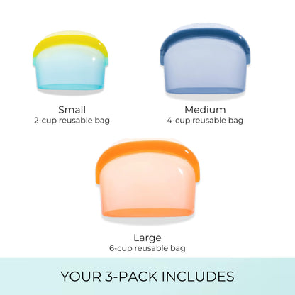 Reusable Silicone Food Storage Bags (3-Pack) | Stand-Up Wide Bottom Leakproof Silicone Freezer Bags | BPA-Free Microwave & Dishwasher Safe | Eco-Friendly Airtight Snack & Meal Prep Bags