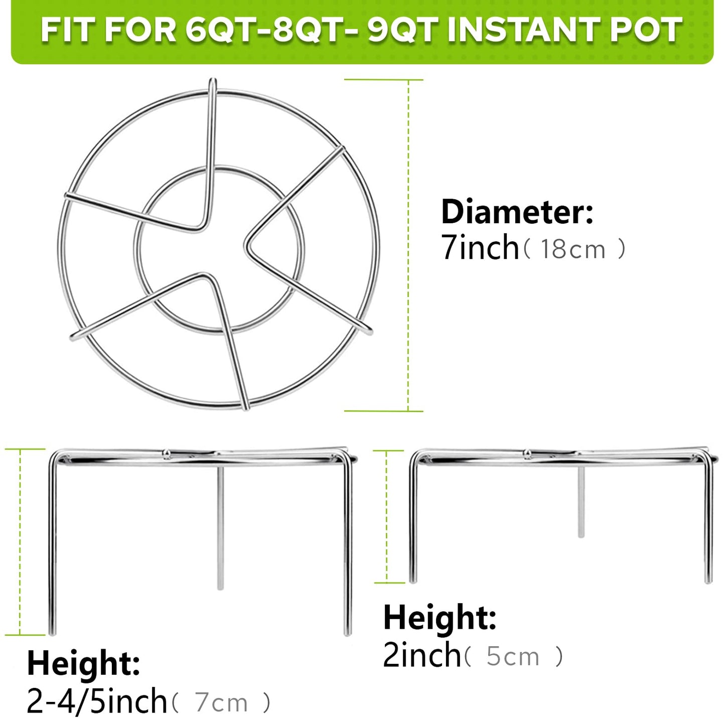 HULISEN Steamer Rack For Pots, 2-4/5" and 2" Tall Trivet for Instant Pot 6 Qt and 8 Qt, 18/8 Stainless Steel Steaming Rack Fit Pressure Cooker (7" Dia - 2Pcs)