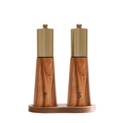 Salt and Pepper Grinder Set Gold Manual Pepper Grinder with Wooden Base, Adjustable Coarseness Refillable Ceramic Blade Grinding Enjoy Fresh Ground Pepper Salts with Spices, 2pcs-7in(7IN-Golden Wood)