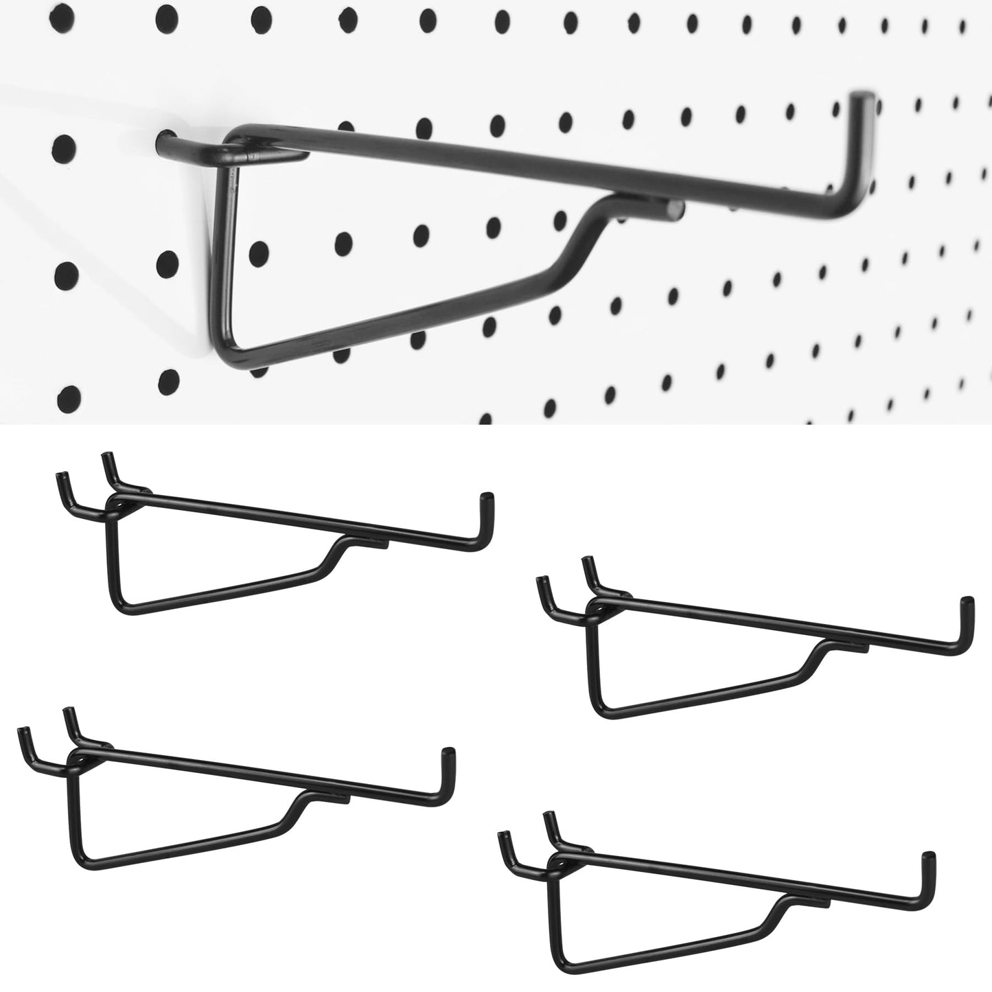 Pegboard Shelf Hooks, 4 Pack Metal Utility Hook Set, 1/4 inch Peg Board Organizer Accessories, Shelves and Baskets Brackets, Display and Storage Rack for Garage Art Craft Room Office (Black, 6")