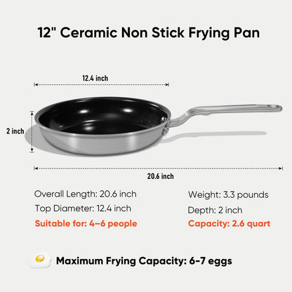 GLOBEHOME 5 Ply Ceramic Non Stick Frying Pans - 12 Inch Stainless Clad Nonstick Skillet, Non-Toxic PTFE PFOA & PFAS Free, Induction Ready Oven Safe up to 650°F, Professional Even Heating Cookware
