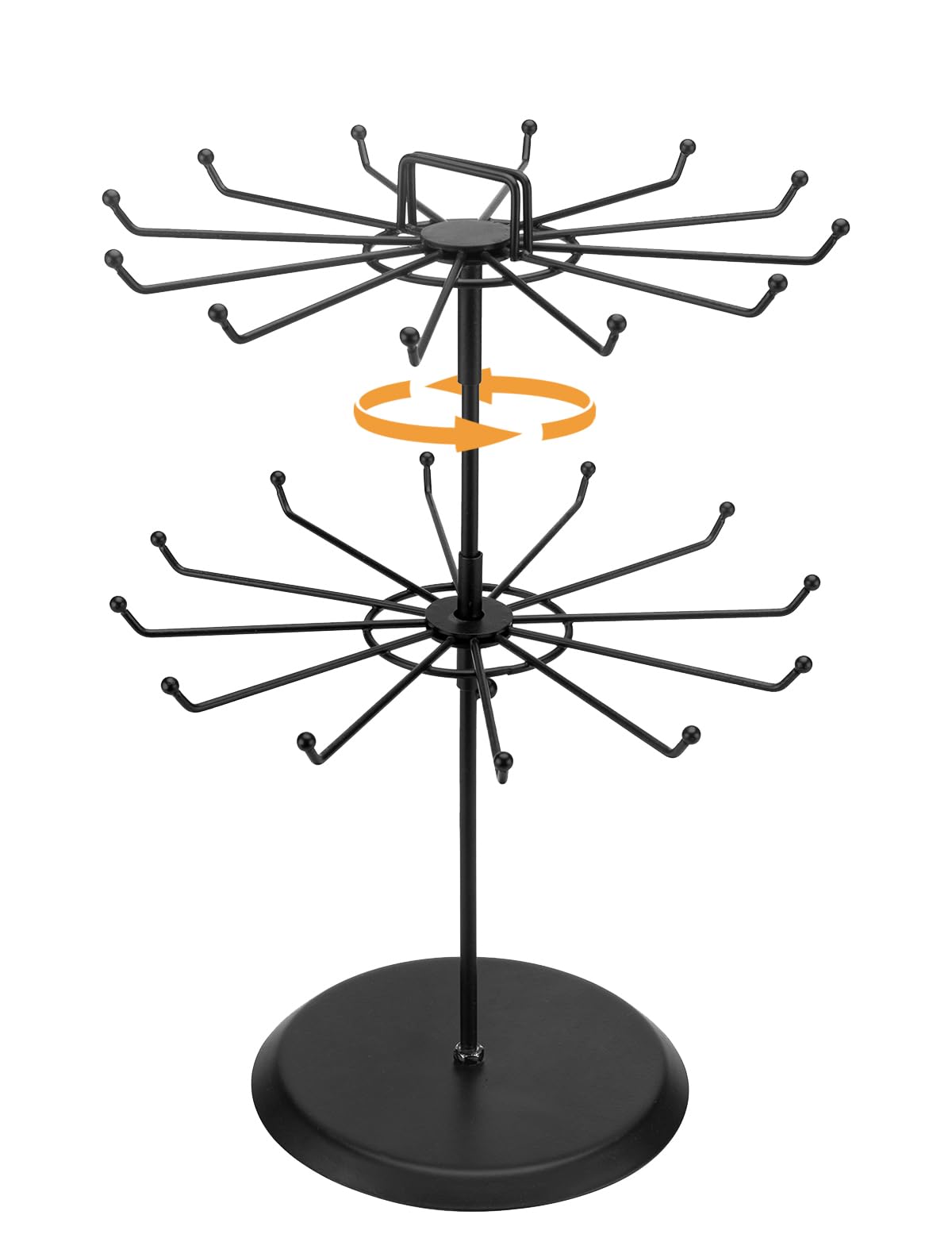 MyGift 2 Tier Black Metal Rotating Necklace tree stand for vendor & bracelet holder Jewelry Stand with 24 Hooks, Multipurpose Accessory and Keychain Spinning Display with Top Handle Card organizer