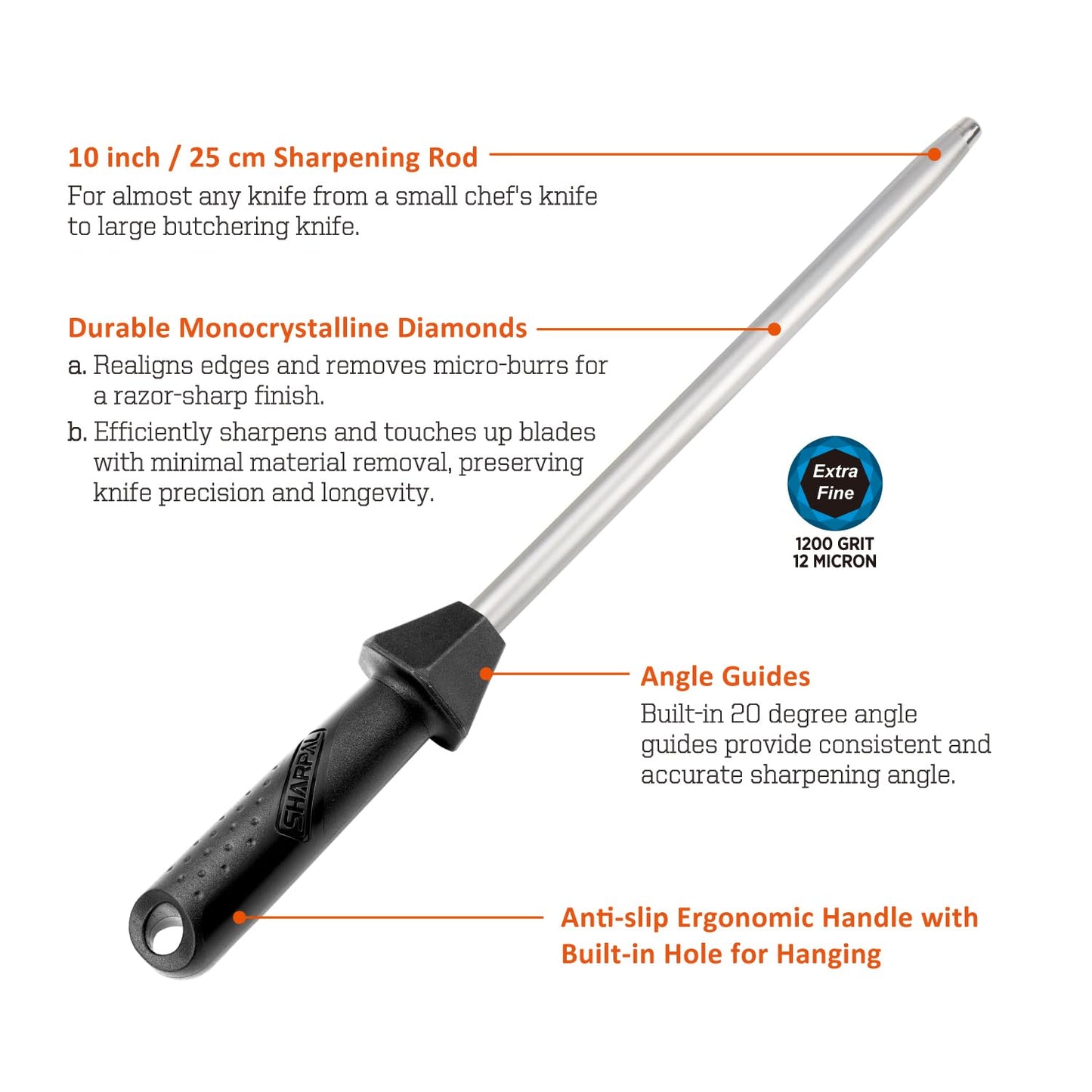 SHARPAL 119N Diamond Sharpening Steel – Professional Solid Knife Sharpener Honing Rod with Built-in Angle Guides, Sharpens, Realigns, and Polishes Edges for Chef and Kitchen Knives Mothers Day Gifts