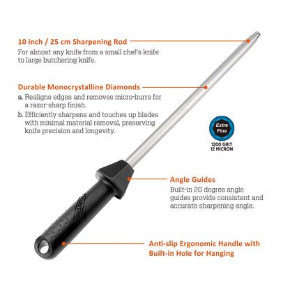 SHARPAL 119N Diamond Sharpening Steel – Professional Solid Knife Sharpener Honing Rod with Built-in Angle Guides, Sharpens, Realigns, and Polishes Edges for Chef and Kitchen Knives Mothers Day Gifts