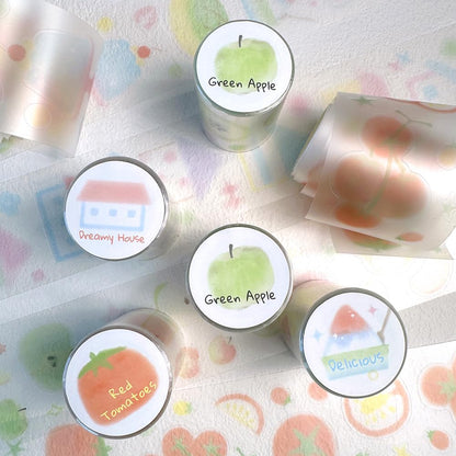 Qojai 4 Rolls Washi Tape Set,Cute Washi Tape Stickers with Die Cutting,Cartoon Fruit PET Washi Tape,Self-Adhesive Waterproof PET Tape,DIY Crafts Decorative Tape for Journaling Scrapbooking Supplies