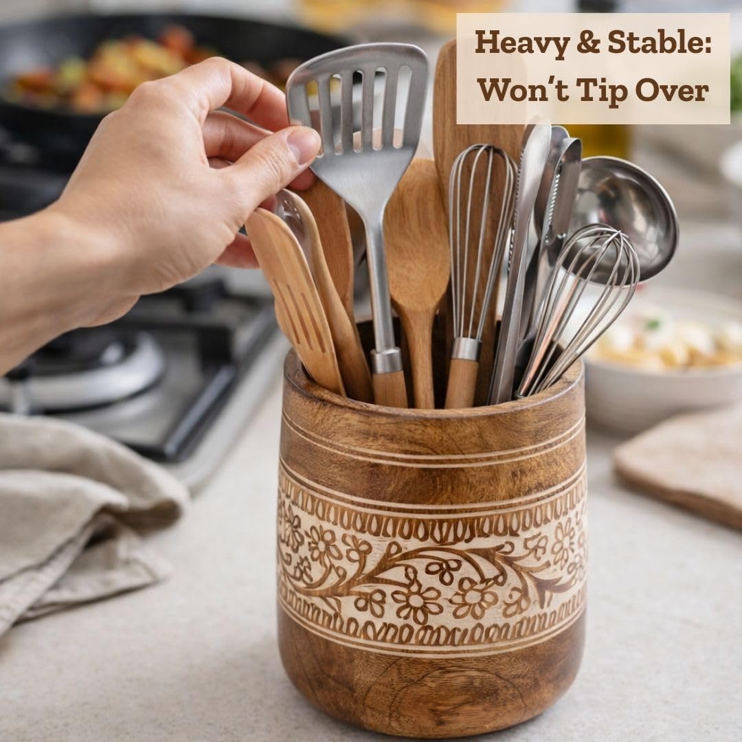 Mie Creations Farmhouse 7'' Large Utensil Holder for Kitchen Counter | Handcrafted Wooden Utensils Crock Cooking Spatula Organizer | Elegant Floral Utensil Caddy, Christmas Thanksgiving Decor- White