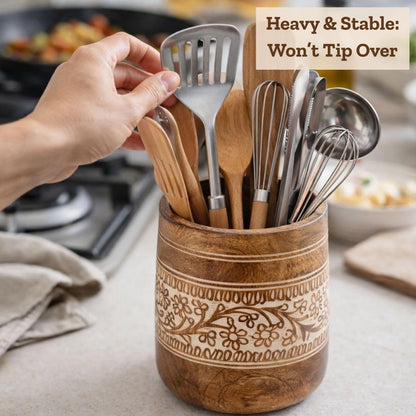 Mie Creations Farmhouse 7'' Large Utensil Holder for Kitchen Counter | Handcrafted Wooden Utensils Crock Cooking Spatula Organizer | Elegant Floral Utensil Caddy, Christmas Thanksgiving Decor- White
