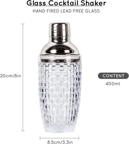 JOYCEMALL 13 oz Glass Cocktail Shaker - Leakproof Shaker Set with Metallic Steel Lid & Built - in Strainer, Professional Bar Mixing Set for Martini, Whiskey, Margarita and More Drinks - Silver