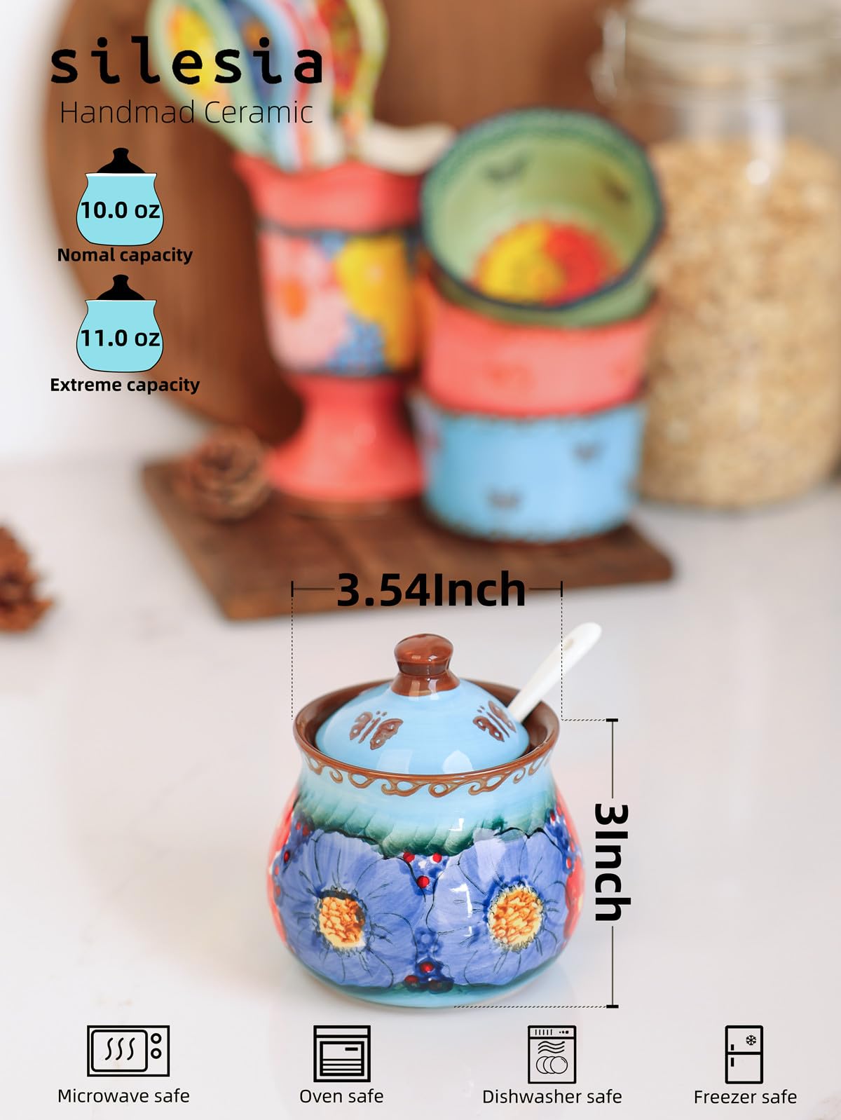 silesia Handmade Sugar Bowl with Lid and Spoon, 9 Ounce Ceramic Hand-Painted Sugar Jar for Home in Gift Box, Kitchen Decor, Oven, Dishwasher & Microwave Safe, Glazed Blue