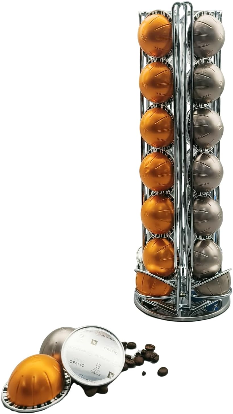 Coffee Capsule Holder for Nespresso Vertuoline, Rotating Pod Rack Holds 28 Nespresso Vertuo Pods (Silver)