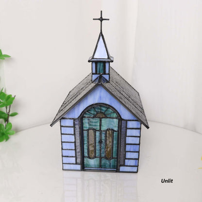 Bieye L12008 Christian Church Tiffany Style Stained Glass Table Lamp (Blue Chruch)