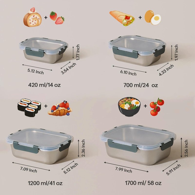 Cuiselect 8 PCS Stainless Steel Lunch Box, 4-Size (58/41 /24 /14Oz) Stackable Metal Bento Boxes BPA Free Dishwasher Safe, Food Storage Containe, Leakproof Reusable Meal Storage for Work,Travel (Gray)