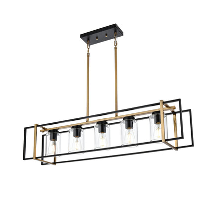 Lucidce 5-Light Farmhouse Chandelier Black and Brass Kitchen Island Lighting with Clear Glass Shades, Rectangular Chandeliers for Kitchen or Dining Room