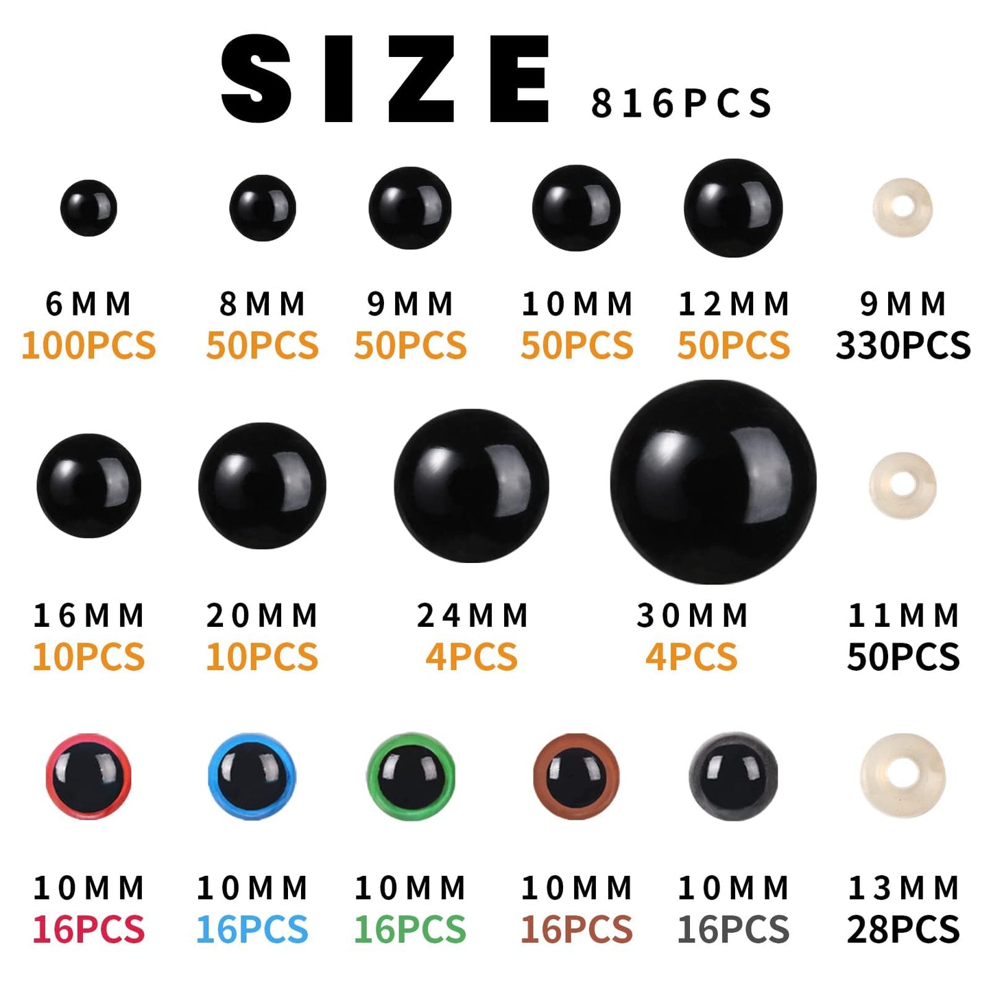 408Pcs Safety Eyes for Crochet 6-30mm Plastic Colorful Safety Eyes for Amigurumi with Washers Black Stuffed Animal Eyes for Craft Teddy Bear