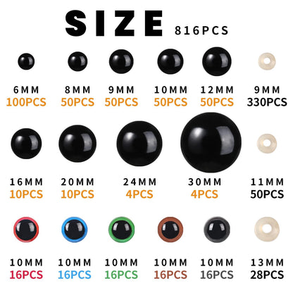 408Pcs Safety Eyes for Crochet 6-30mm Plastic Colorful Safety Eyes for Amigurumi with Washers Black Stuffed Animal Eyes for Craft Teddy Bear