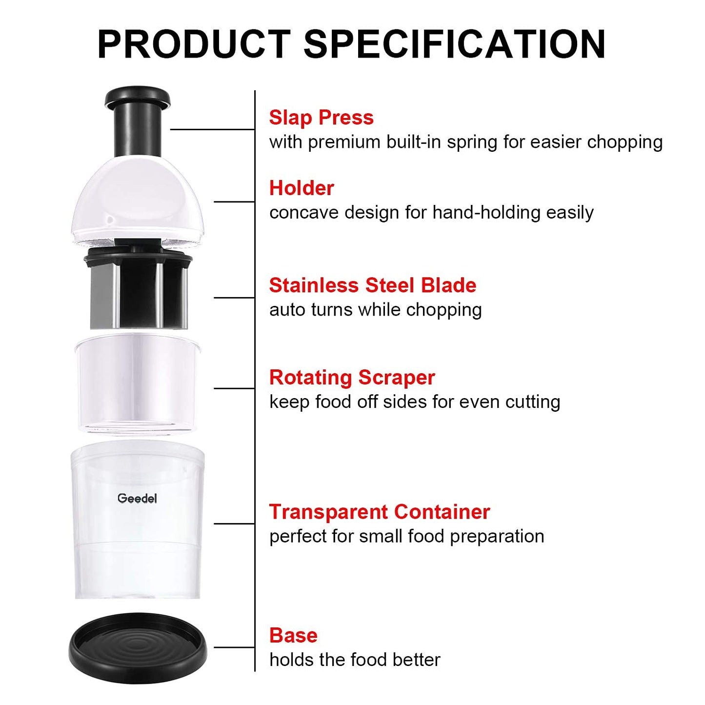Geedel Food Chopper, Easy to Clean Manual Hand Vegetable Chopper Dicer, Dishwasher Safe Slap Onion Chopper for Veggies Onions Garlic Nuts Salads White