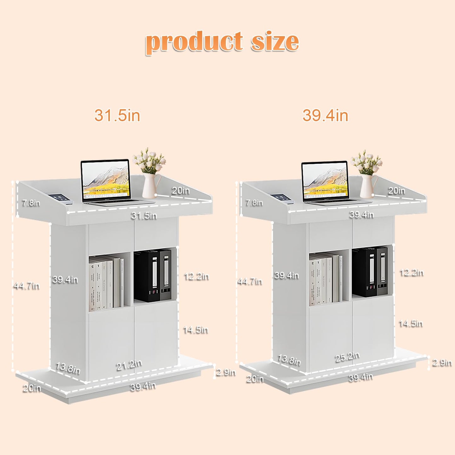 Wooden Podium Stand, Lecterns & Podiums with Storage Shelves and Drawer, Pulpits for Churches Classrooms and Conferences, Easy to Clean and Install (White, 39.4in)