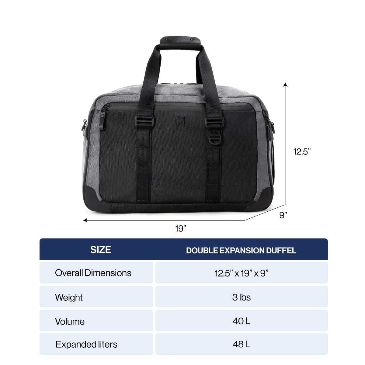 Travelpro Altitude Double Expansion Travel Duffel Bag, 40-48L, Weekender, Overnight, Water Resistant, Men and Women, Jet Black