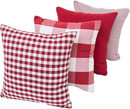 Set of 4 Throw Pillow Covers, Decorative Cotton Linen Cushion Covers, Geometric Stripe Tartan Checkered, Red (18x18")