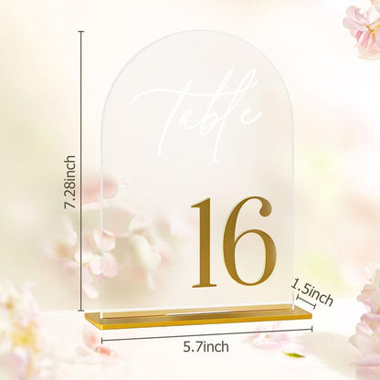 Arch Wedding Table Numbers 1-20 with Stands,5 x 8 Inch Transparent Acrylic Reception Table Signs Golden Letters,Perfect for Wedding Receptions, Parties, Anniversaries, and Events (1-20 golden)