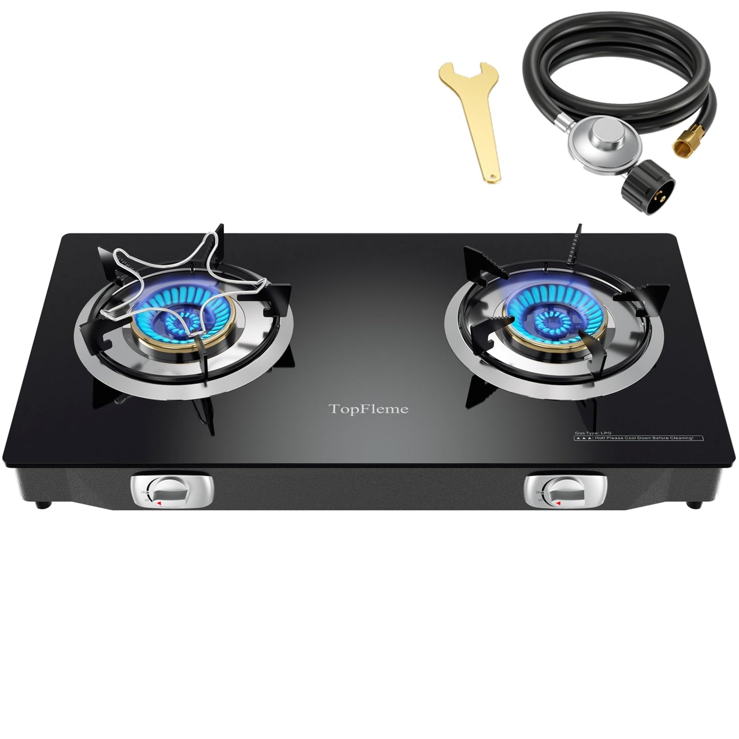 TopFleme 2 Burner Propane Stove 27,200 BTU High-Efficiency Tempered Glass Auto-Ignition Gas Burner Stove Top with CSA Hose for Outdoor RV Camping Emergency Cooking