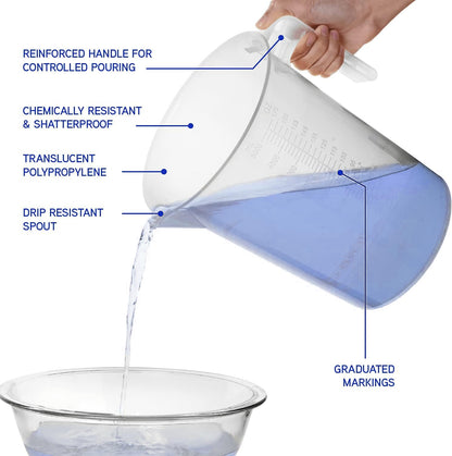 Terbold 5 Liter Measuring Pitcher 3-Pack | 1.3 Gallon Shatterproof Plastic Large Graduated Mixing Pitchers, 1 to 2 Gallons (5L, 5000ml)