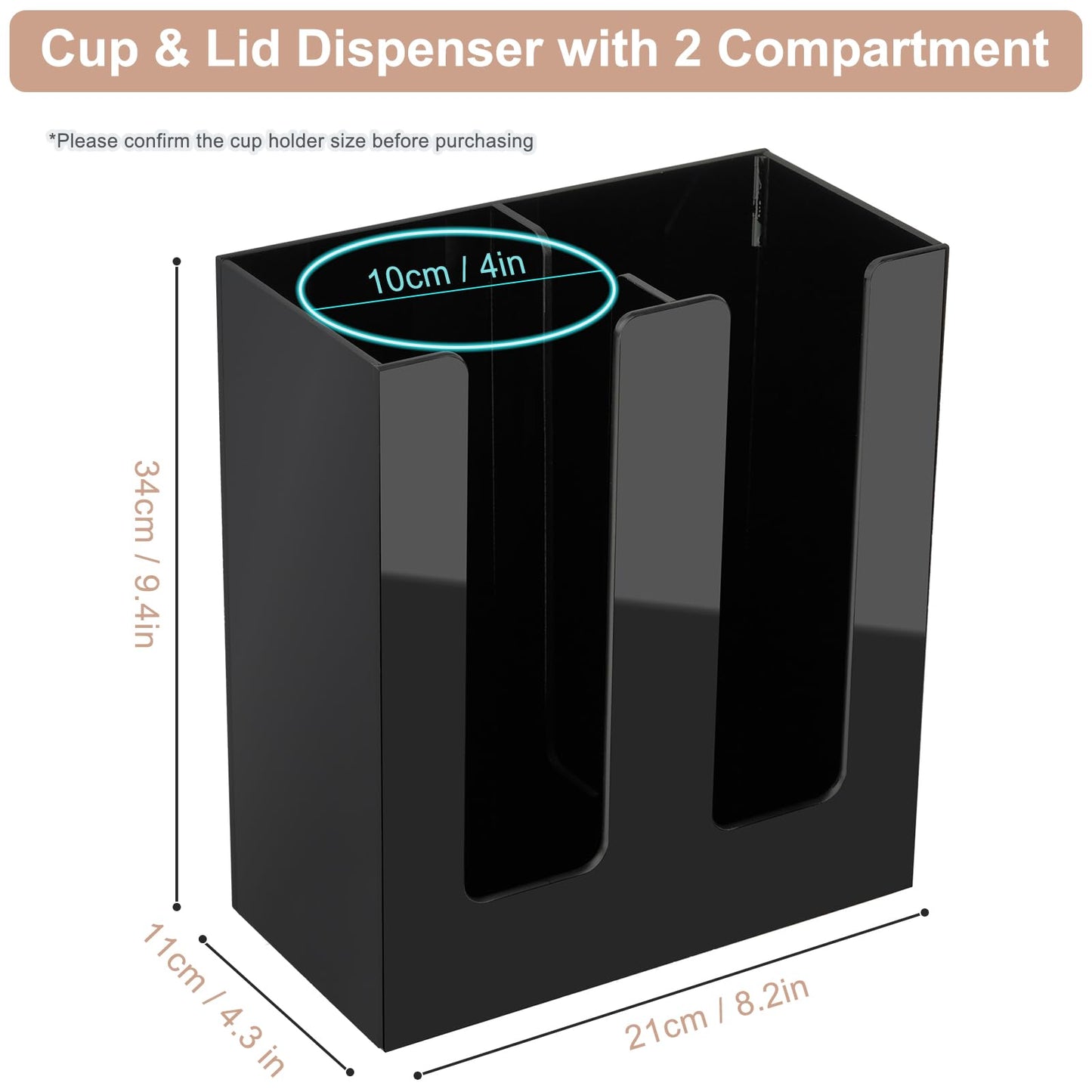 MYITYARD Coffee Cup Holder, Cup and Lid Organizer fits 5 to 16 oz Disposable Paper & Plastic Cups, Cup Dispenser Countertop, Acrylic Cup Storage for Home, Kitchen, Office (2 Compartment)