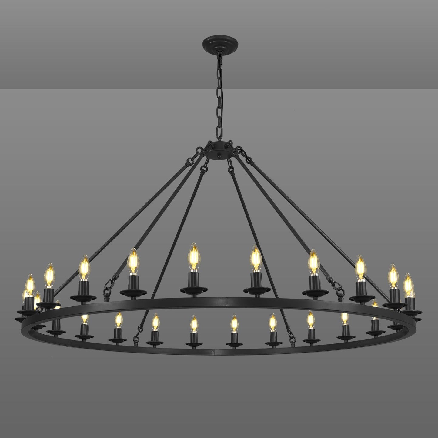 RWOGNLO 54" Black Large Wagon Wheel Chandelier, Farmhouse Round Chandeliers for Dining Room, 24-Light Modern Living Room Chandeliers Ceiling Fixtures for Bedroom, Foyer, Entryway, Staircase, Kitchen