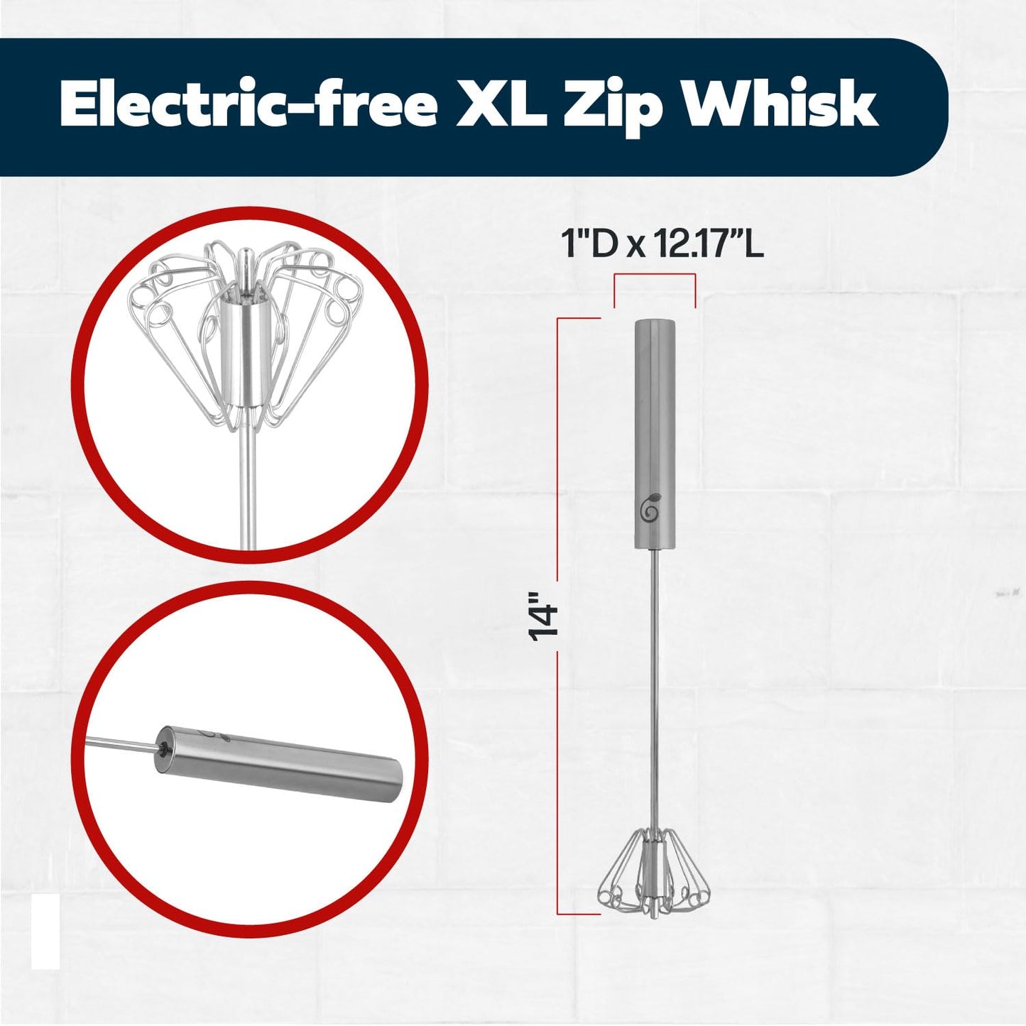 14 Inch Stainless Steel Egg Beater - Durable & Easy to Use Push-Down Zip Whisker - Rotary Hand Mixer for Beating Eggs, Frothing Milk, Blending, Mixing, Whipping Smoothies & Shakes - Hand Whisk