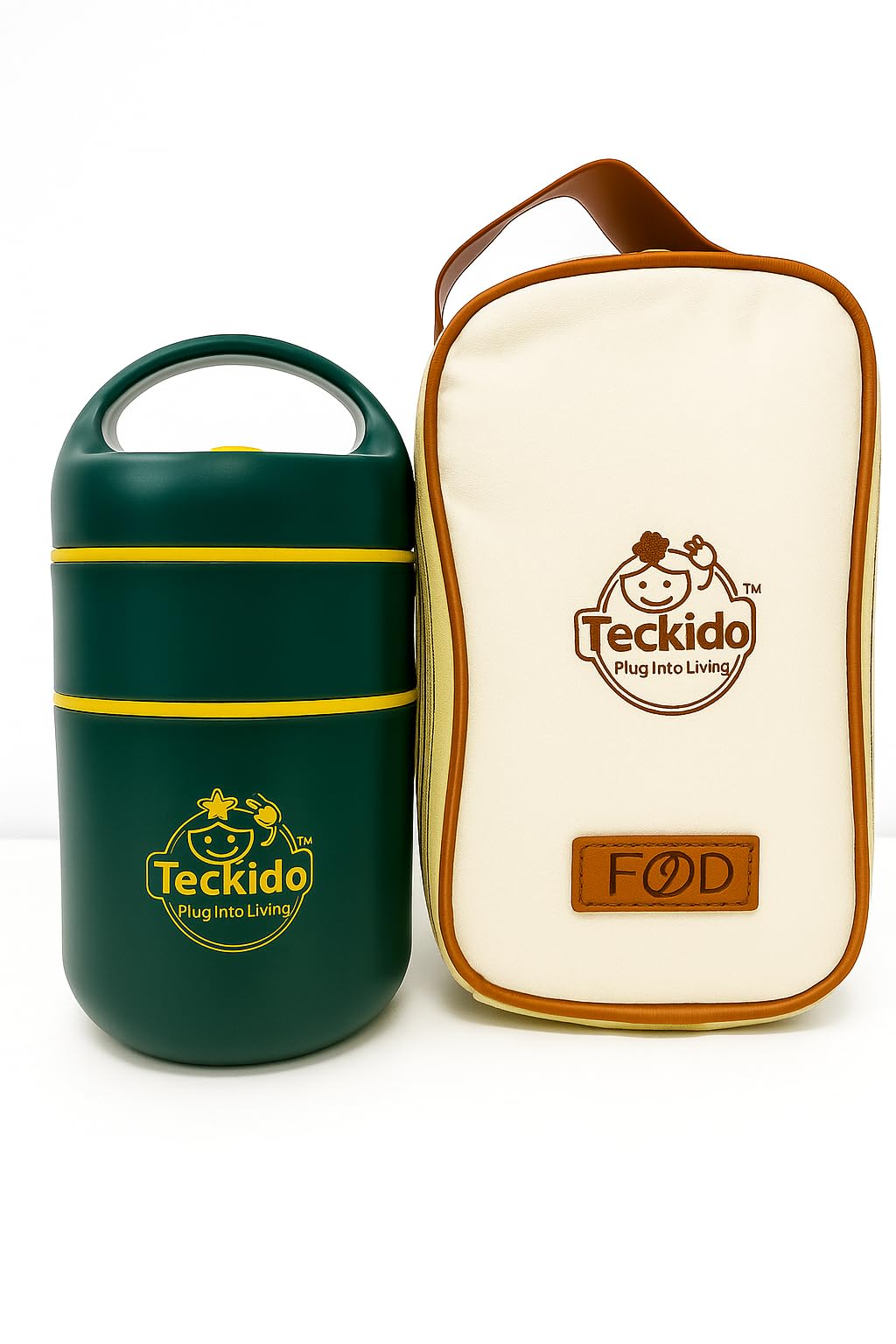 TECKIDO 680ml Insulated Food Jar with Lunch Bag, Stainless Steel Thermal Lunch Box, Leakproof Hot and Cold Soup Container, Portable Food Storage with Handle FOR ANYBODY (GREEN)
