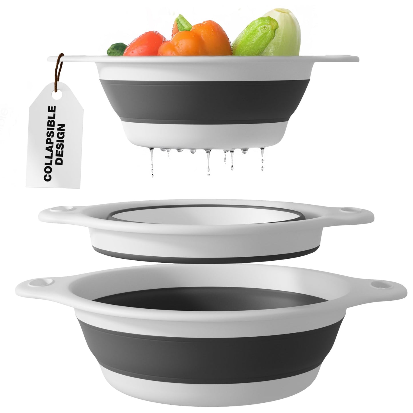 Gevoli Collapsible Colanders (3 Pack Set) Food Strainers with Over-Sink Water Draining Base for Pasta Fruits and Vegetables (Patent Pending) White (3 Sizes, 3QT, 4QT and 5 Quart)