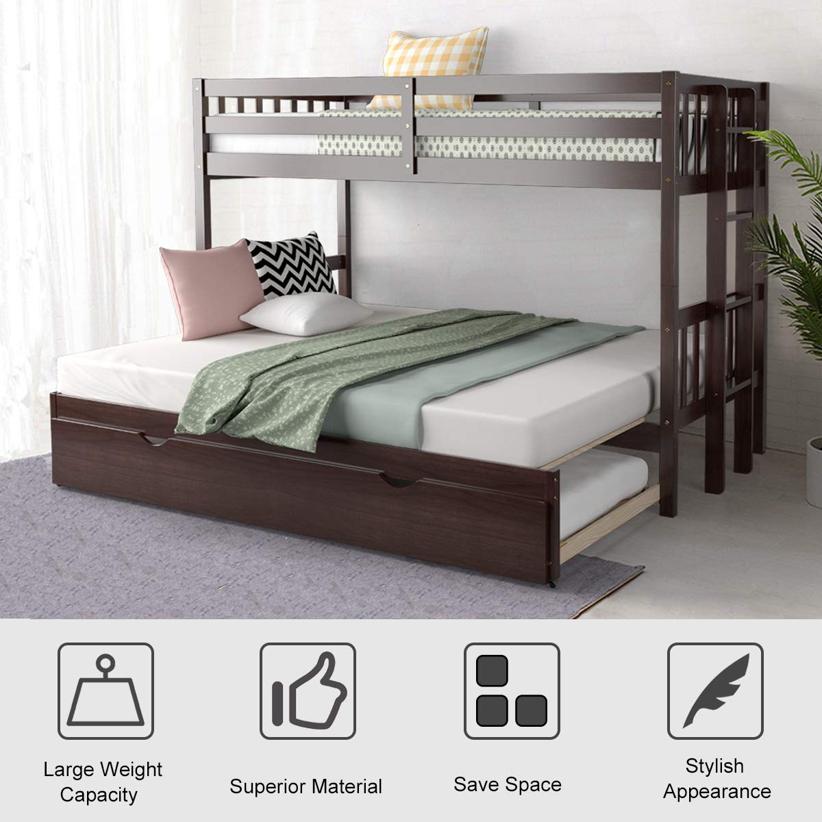 Giantex Twin Over Pull-Out Bunk Bed with Trundle, Extendable Twin/Full/Queen/King Bunk Bed, Solid Wood Bunk Bed with Ladder and Safety Rail, Wooden Bunk Beds for Kids Adults Teens, Espresso