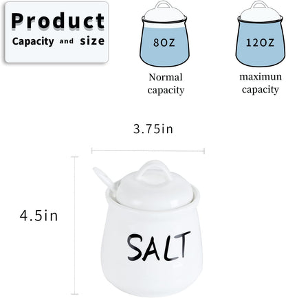 HAOTOP Salt and Pepper Bowls with Lid and Spoon - 12 oz Ceramic Cellar Set, Spice Box for Farmhouse Kitchen Decor