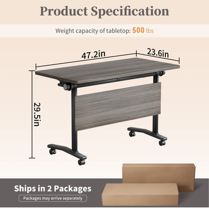 JNMDLAKO Folding Conference Room Table for 6-12 Person, Modular Mobile Large Flip-Top Training Table with Locking Wheels, Modern Rectangular Seminar Meeting Tables for Office (6, Elm, 47.2in)
