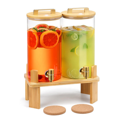1.5 Gallon 2 PACK Glass Drink dispenser, Beverage Dispenser With Wood Stand, Lemonade Dispenser with Airtight Valve and Stainless Steel Spigot,Drink Dispenser for Parties