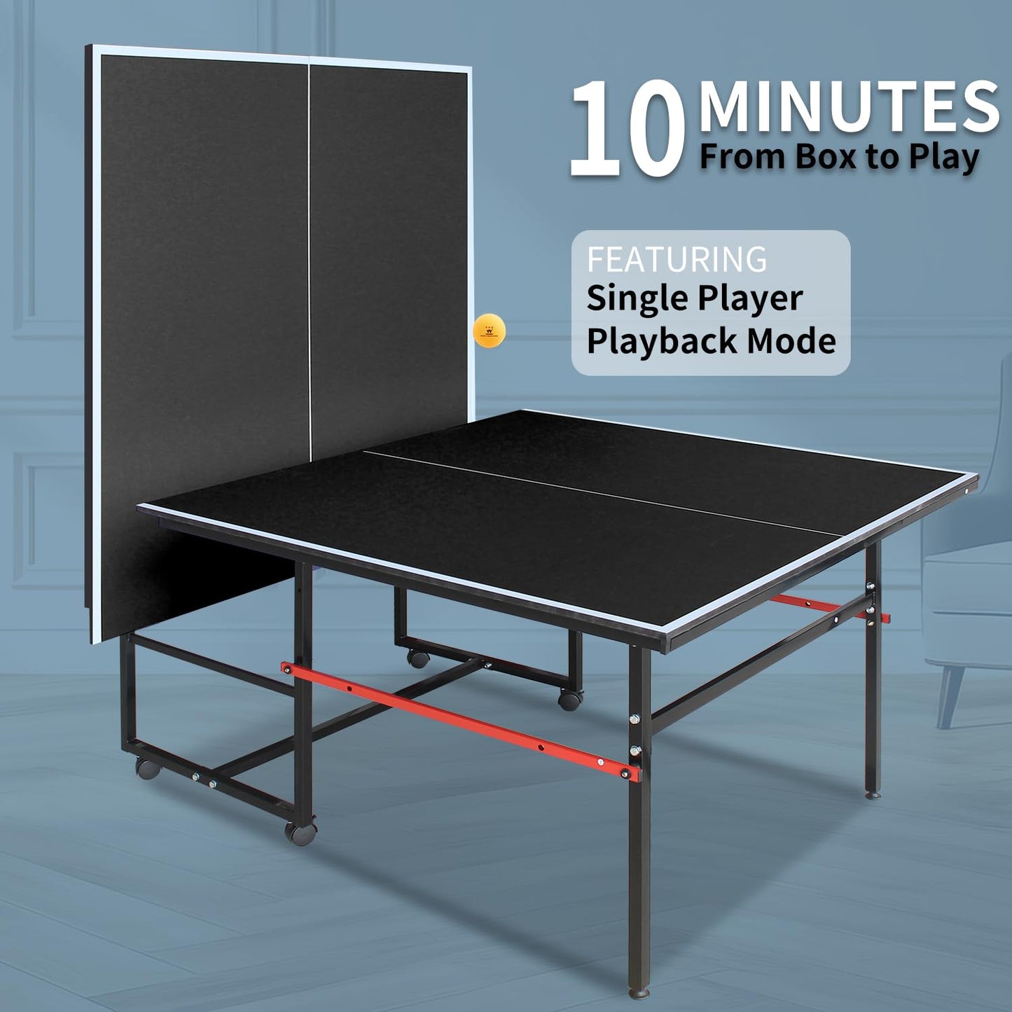 KL KLB Sport 8Ft Mid-Size Ping Pong Table, Foldable & Portable Table Tennis Table Set for Indoor Games with Net, 2 Table Tennis Paddles and 3 Balls (Black)