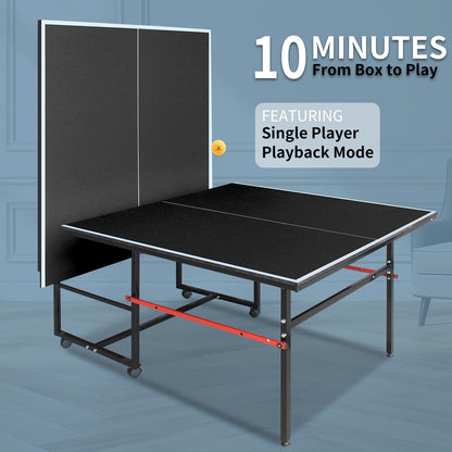 KL KLB Sport 8Ft Mid-Size Ping Pong Table, Foldable & Portable Table Tennis Table Set for Indoor Games with Net, 2 Table Tennis Paddles and 3 Balls (Black)