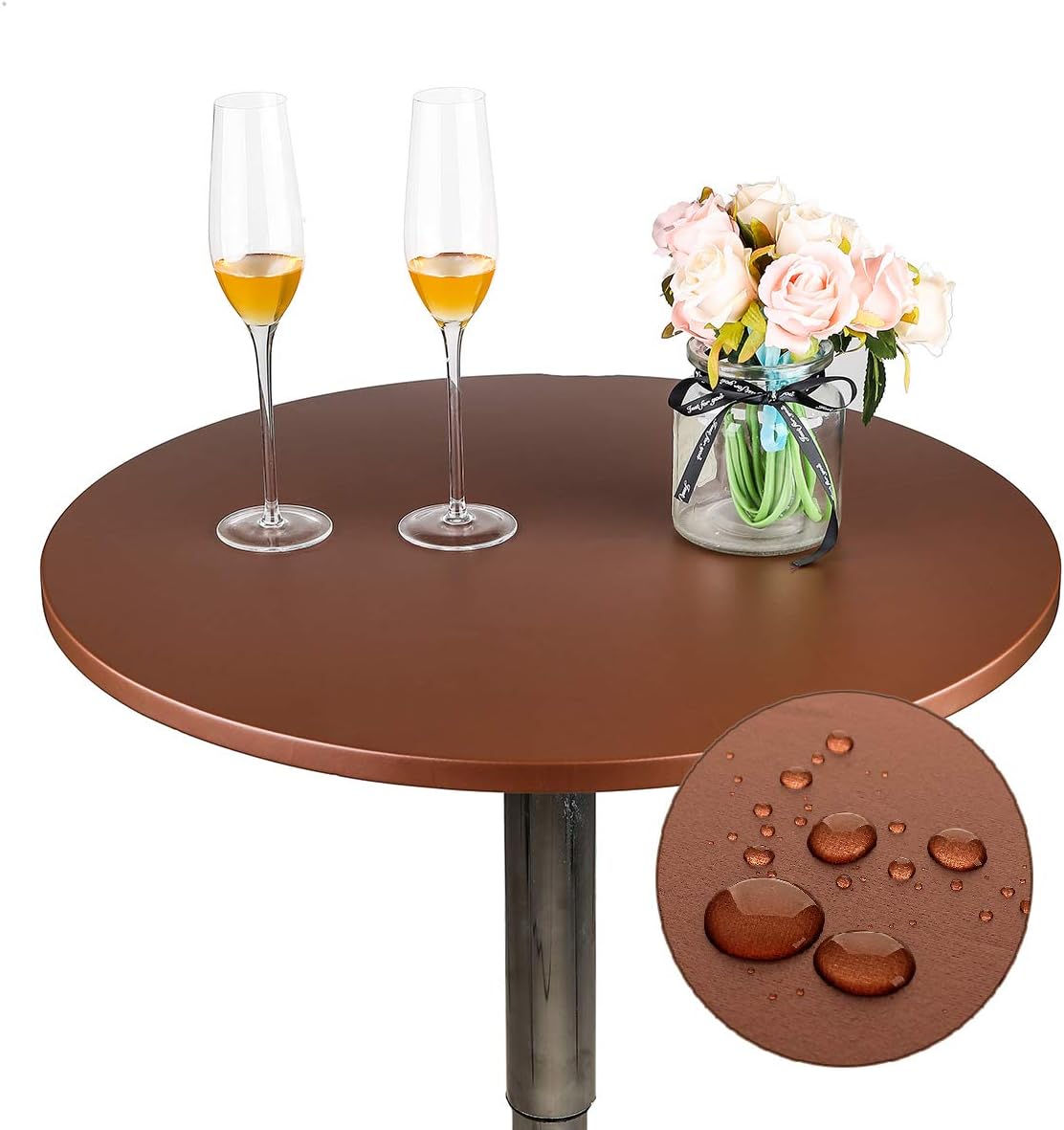 24 Inch JISEN Cocktail Waterproof Round Table Topper Cap Polyester Fitted Stretchable Tablecloth Cover D-Coffee