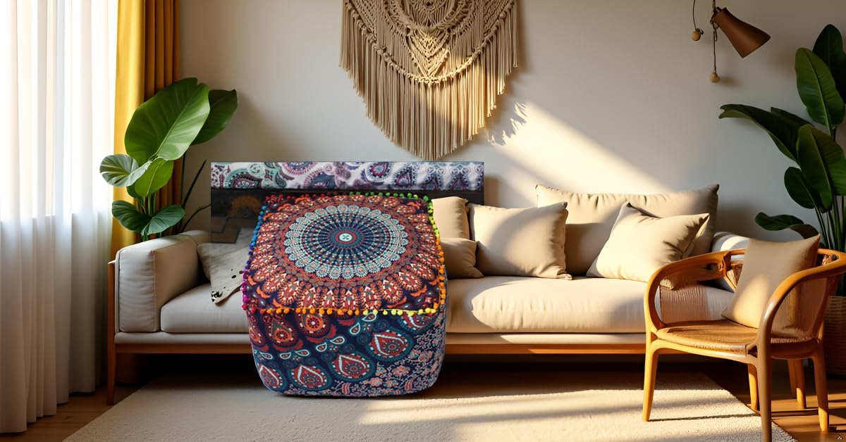20X20X14 inches, CRAFT KALA Indian Square Patchwork Traditional Pouf Cover Indian Living Room Poufs Cover Decorative