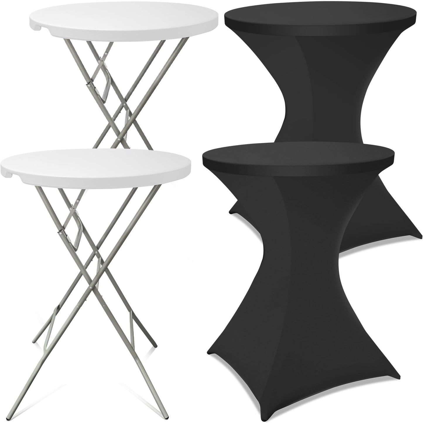 HTVSHEE 2 Set 32" High Top Table Round Folding Cocktail Tables with Removable Legs & 2 Stretch Covers White Tall Bar Table for Wedding Party Patio Events