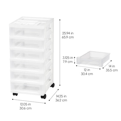 IRIS USA Plastic Drawer Storage Organizer Rolling Cart, with Wheels Casters, 6-Drawers, for Classroom Art Craft Supplies Dresser Closet Bathroom Laundry Room, White/Clear