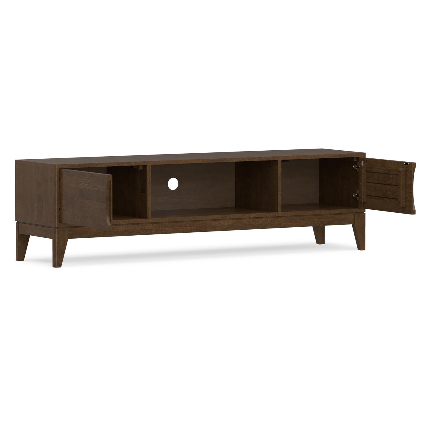 SIMPLIHOME Harper TV Stand - 72 inch Wide Solid Wood Low Media Console in Walnut Brown, Mid Century Modern Entertainment Center for Living Room for TVs up to 80 Inches with Shelf and Cord Management