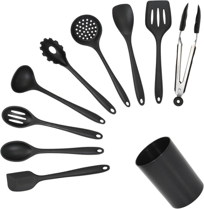 Silicone Kitchen Utensils Set of 10 for Cooking, Nonstick Cookware, Includes Slotted Turner, Soup Ladle, Tongs & Holder